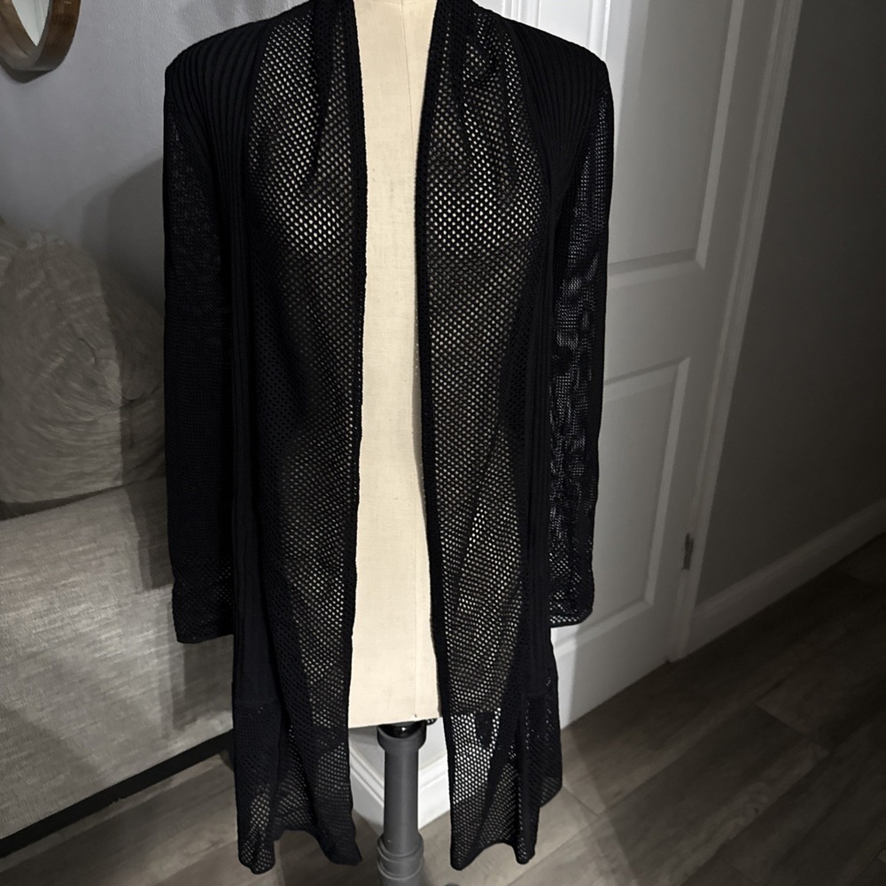 Exclusively Misook Black Mesh Knit Open Front Cardigan Sweater Duster Jacket XS